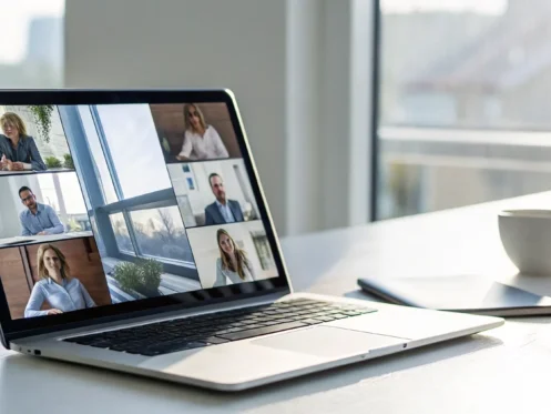 A person on a laptop searching for the best central air conditioner repair service.