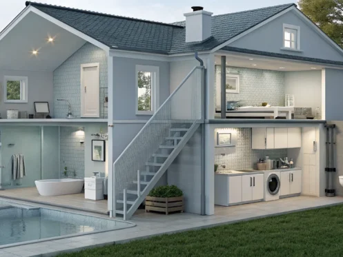 Cross-section of a home's plumbing showing the main symptoms of a sewer line clog.