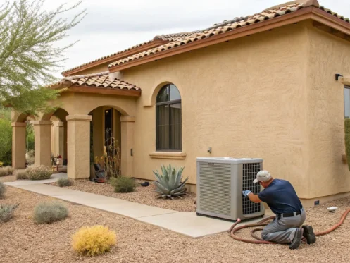 Technician completing an AC repair on an outdoor unit at an Oro Valley home.
