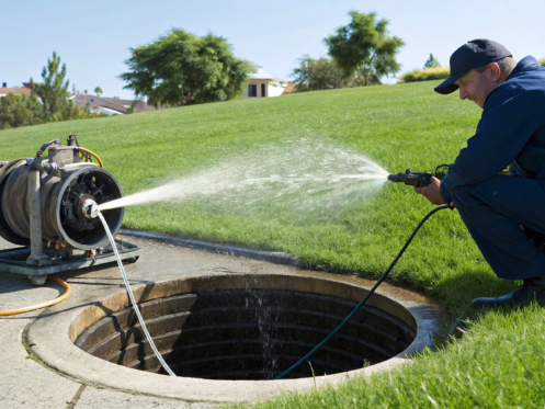 Professional hydro jetting drain cleaning clears a clogged pipe with a high-pressure water jet.