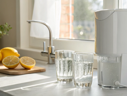 A home water filtration system on a kitchen counter pouring a glass of clean water.
