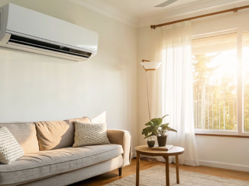 A new home AC installation in a living room, made possible with financing options.