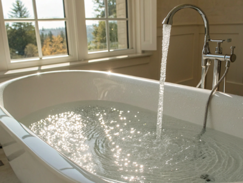 A clogged bathtub drain with standing water, ready for cleaning.