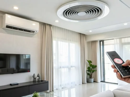 Homeowner points a remote at an AC unit in a house that is not cooling.