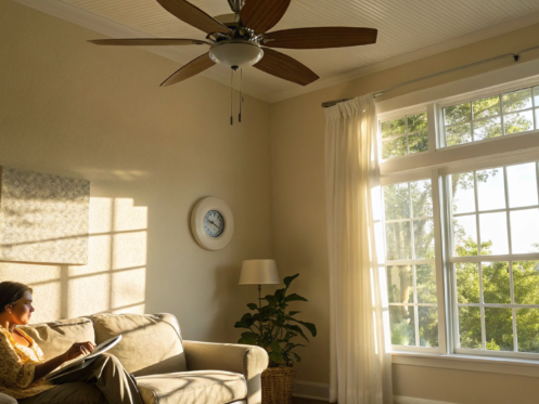 Woman looking warm on a couch as her air conditioner is running but not blowing cold air.