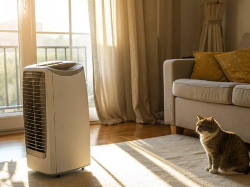 A portable air conditioner in a living room running but not cooling the air.