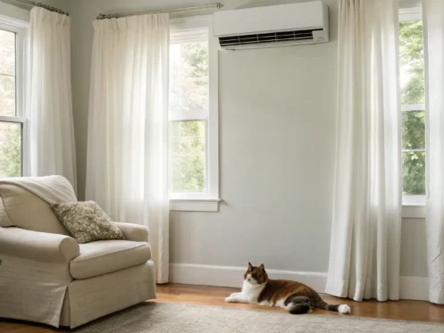 Wall-mounted AC unit fan is running but the room is not cooling.