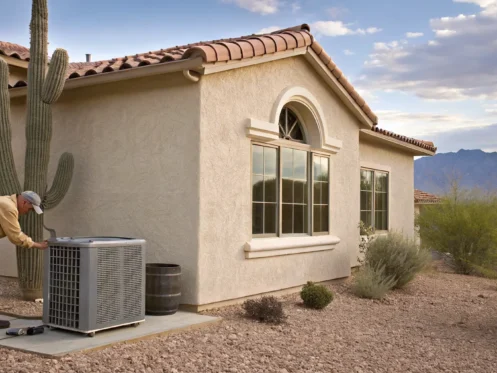 Technician performing AC repair on an outdoor unit for a Tucson homeowner.