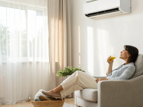 Woman enjoying her cool home after an affordable AC repair with financing.