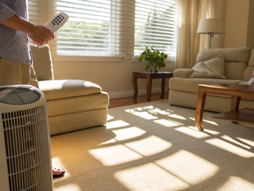 Apartment AC running but not cooling while a person tries to adjust it with a remote.