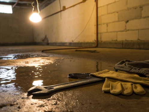 Wet basement floor with puddles, gloves, and a wrench from a clogged sewer line.