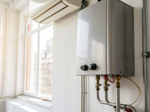 A tankless water heater mounted on a wall, showing pipes and controls for repair.