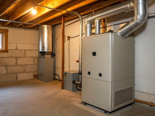 New furnace installation in a basement, a primary factor in the overall cost.