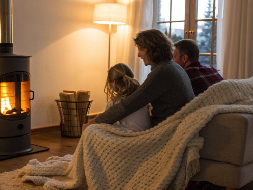A family stays warm under a blanket because their furnace is blowing cold air.