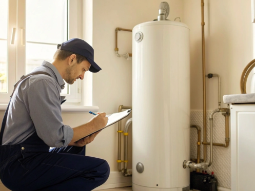 Professional plumber fixing a residential water heater.
