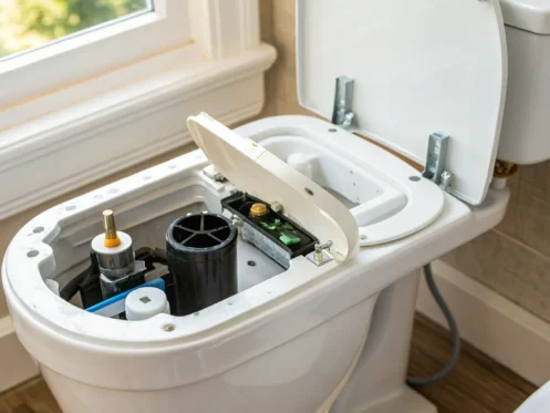 Inside of a dual flush toilet tank showing the parts that cause it to keep running after a flush.