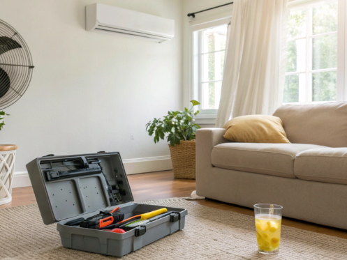 An open toolbox on the floor in front of an AC unit needing emergency repair.