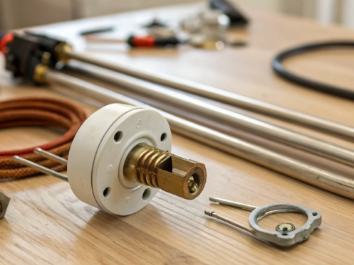 Various electric water heater parts and accessories, including a heating element and wiring.