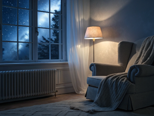 A person wrapped in a blanket at night because their furnace is blowing cold air.