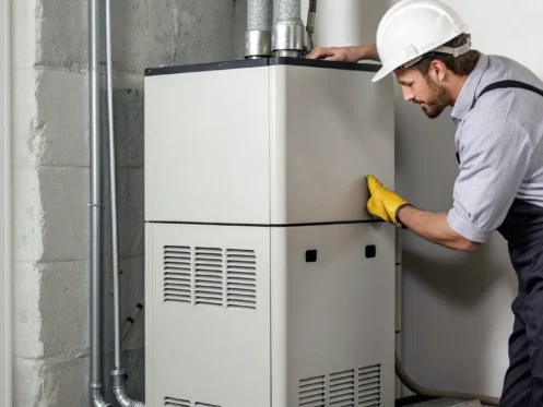 Technician inspecting a furnace for a repair cost estimate.