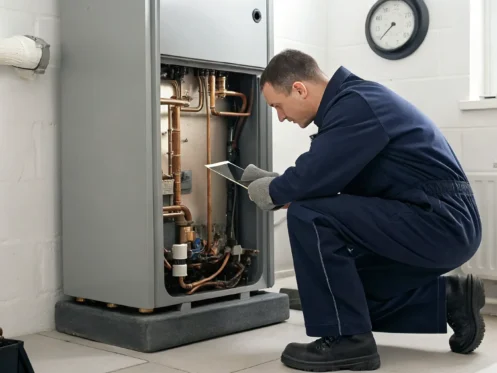 Technician diagnosing a furnace to estimate the hourly repair cost.