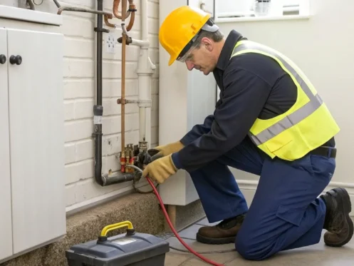 Professional technician performing a safe gas line leak repair with specialized tools.