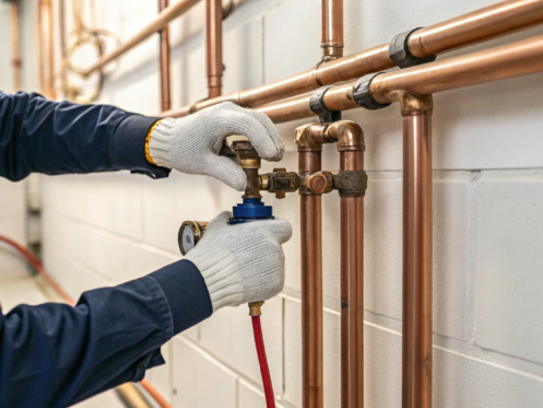 Plumber repairing a copper gas line with a pressure gauge to ensure safety.