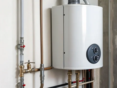 The thermostat and temperature controls on a GSW water heater.