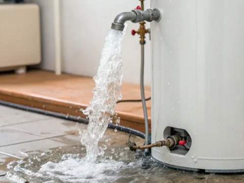 A hot water heater leaking water from the overflow pipe.