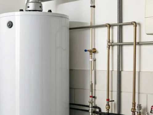 Hot water tank replacement with a new unit and connected pipes in a utility room.