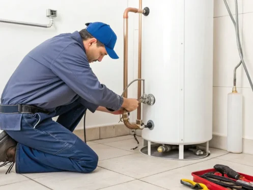 Professional plumber performing a gas water heater replacement.