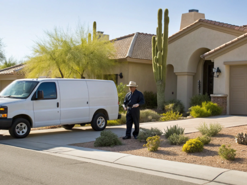 A licensed local plumber in Tucson arriving in a company van for a home repair.