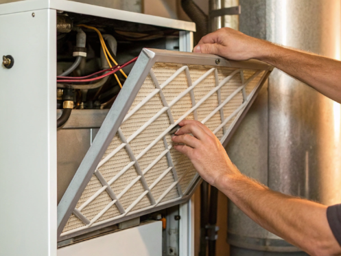 Checking a new furnace filter to fix a furnace that is blowing cold air.