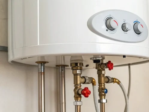 A gas water heater that shuts off by itself, showing the pilot light and control valve for repair.