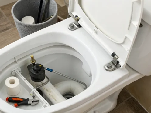 The internal parts of a toilet tank that cause it to keep running randomly.