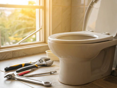 A toilet with repair tools on the floor to fix one that randomly runs at night.