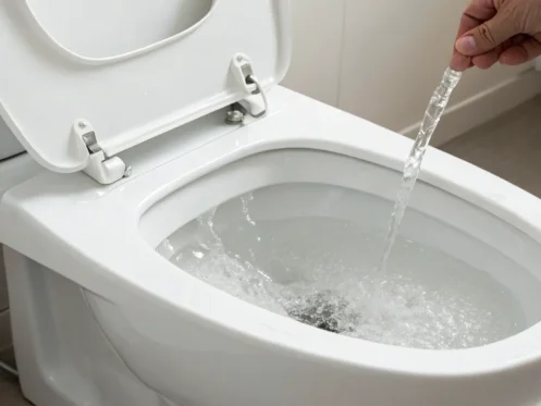 A hand checking the fill valve in a toilet that won't stop running even when the float is up.