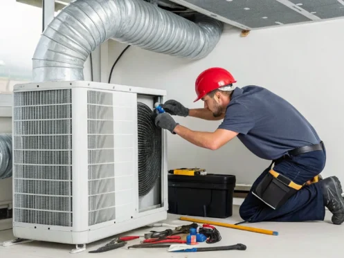 HVAC technician installing central air with existing ductwork.