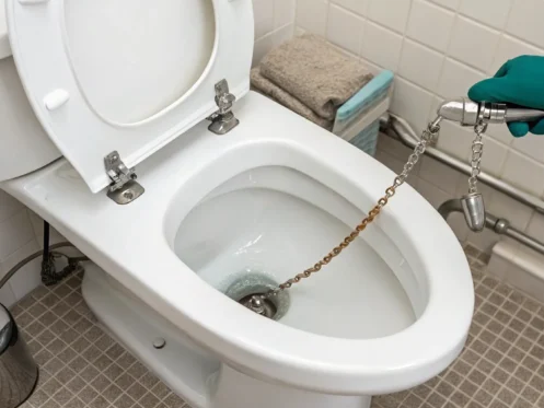 Hand replacing a worn toilet flapper in a toilet tank.