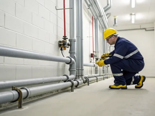 Technician in safety gear performing a natural gas line leak repair.