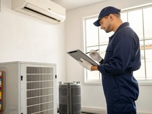 HVAC technician determining the cost of an emergency service call.