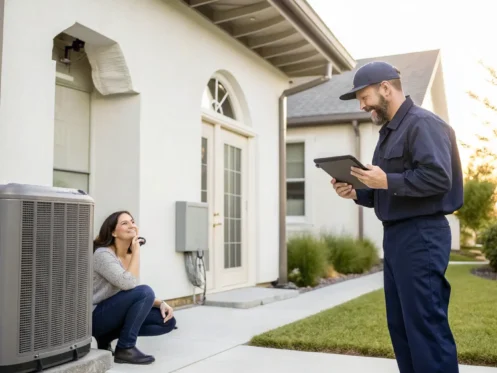 HVAC technician providing a free repair estimate to a homeowner.