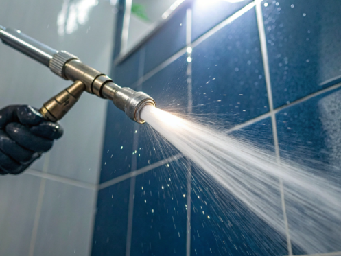 Professional hydro jet drain cleaning services using high-pressure water to clear a stubborn clog.