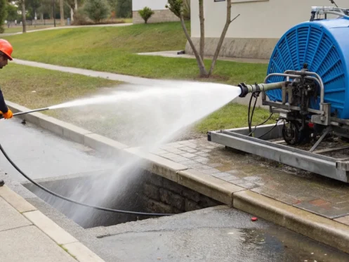 Professional hydro jetting a main sewer line to clear a blockage.