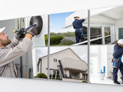 Technicians install a new HVAC system with ductwork in a home.