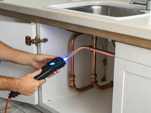 Plumber using a tool for water leak detection on pipes under a kitchen sink.