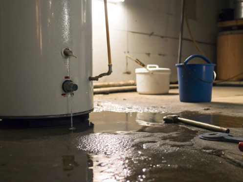 Leaking water heater with a puddle of water forming on the floor.