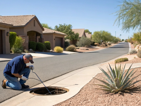 Plumber inspecting a clogged main sewer line in Tucson.
