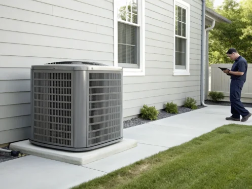 Technician inspecting a new AC unit to determine the installation cost.
