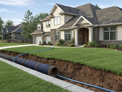 No-dig sewer line repair in a front yard, protecting the lawn and landscaping from damage.